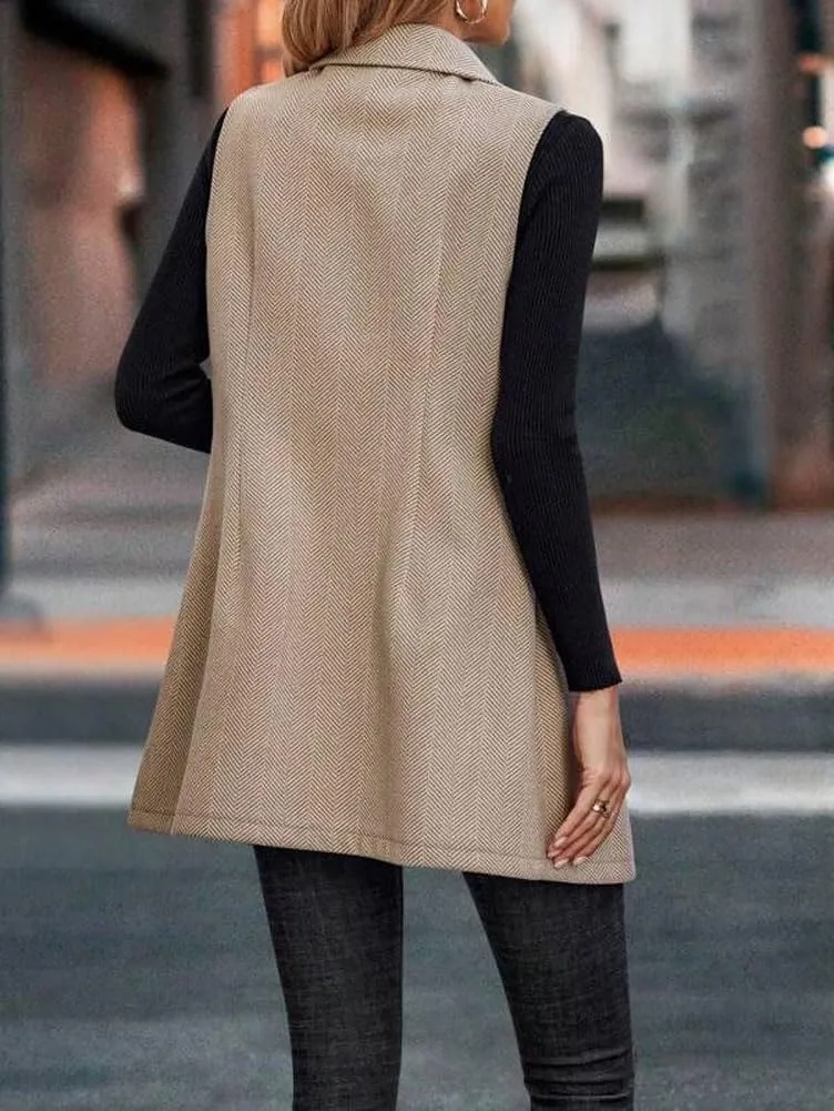 chouyatou Women's Casual Double Breasted Long Wool Vest Notched Lapel Sleeveless Wool Blend Trench Pea Coat