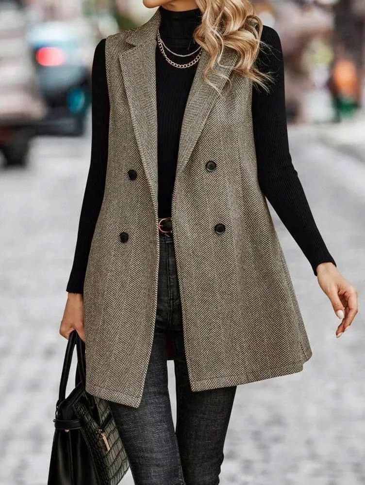 chouyatou Women's Casual Double Breasted Long Wool Vest Notched Lapel Sleeveless Wool Blend Trench Pea Coat