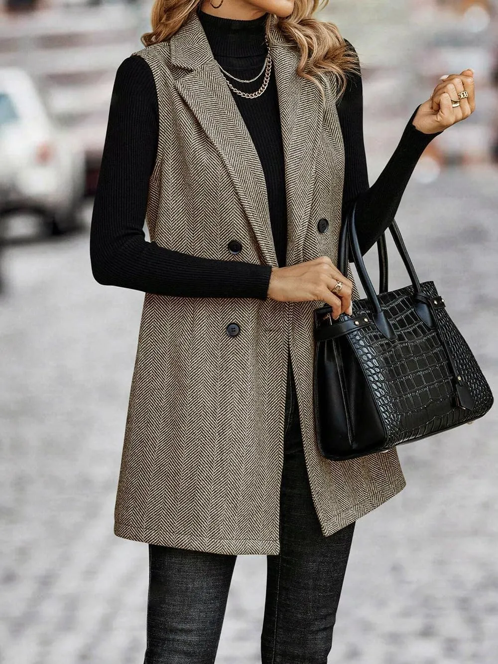 chouyatou Women's Casual Double Breasted Long Wool Vest Notched Lapel Sleeveless Wool Blend Trench Pea Coat
