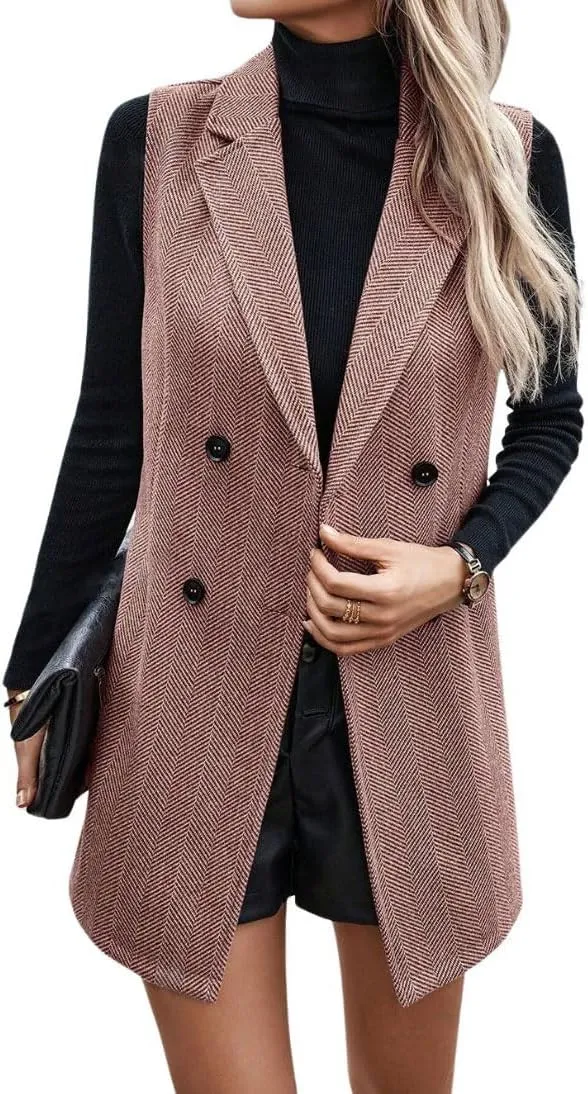 chouyatou Women's Casual Double Breasted Long Wool Vest Notched Lapel Sleeveless Wool Blend Trench Pea Coat