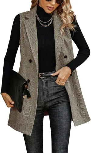 chouyatou Women's Casual Double Breasted Long Wool Vest Notched Lapel Sleeveless Wool Blend Trench Pea Coat