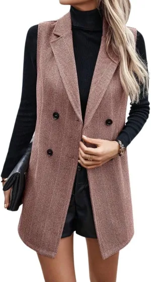 chouyatou Women's Casual Double Breasted Long Wool Vest Notched Lapel Sleeveless Wool Blend Trench Pea Coat
