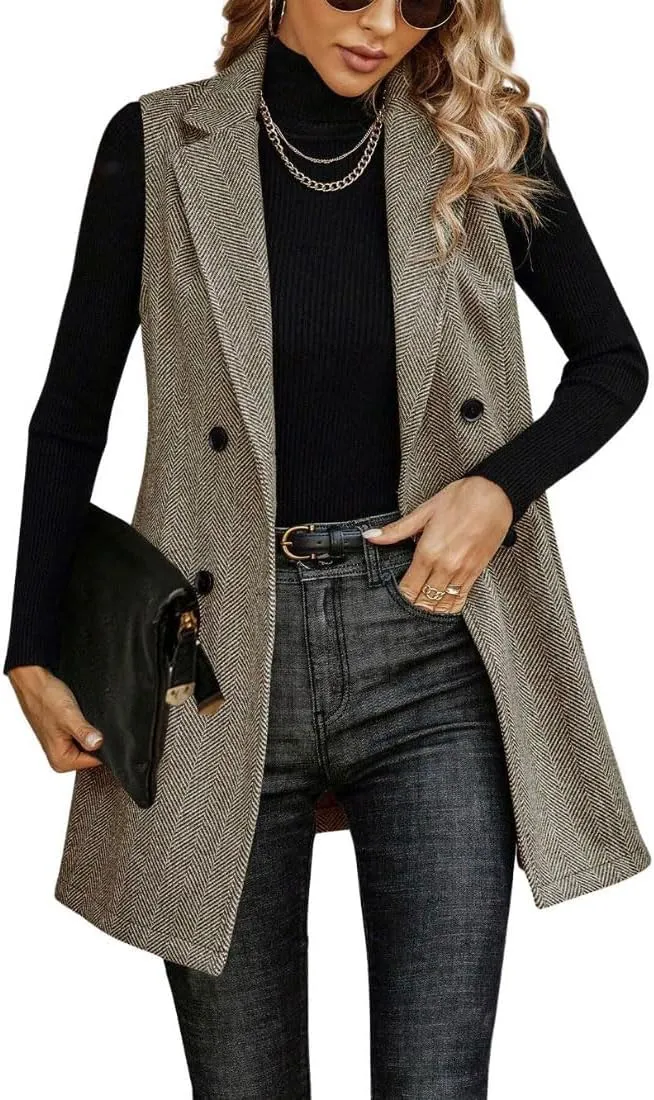 chouyatou Women's Casual Double Breasted Long Wool Vest Notched Lapel Sleeveless Wool Blend Trench Pea Coat
