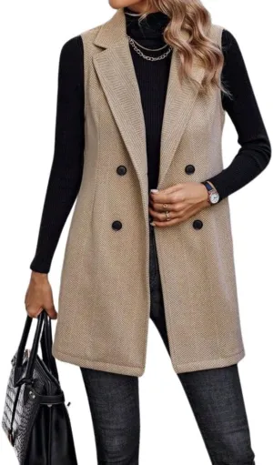 chouyatou Women's Casual Double Breasted Long Wool Vest Notched Lapel Sleeveless Wool Blend Trench Pea Coat