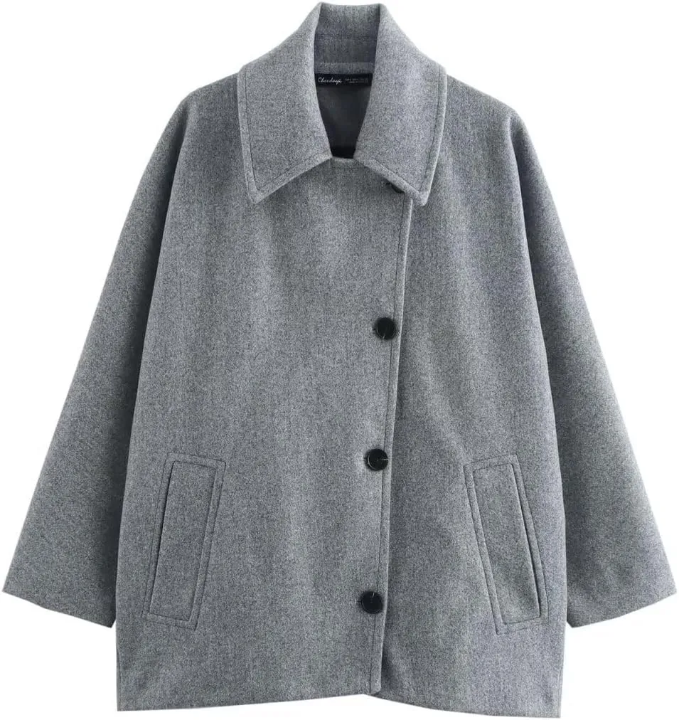 chouyatou Women's Casual Lapel Collar Batwing Sleeve Single Breasted Wool Blend Trench Pea Coat with Pockets