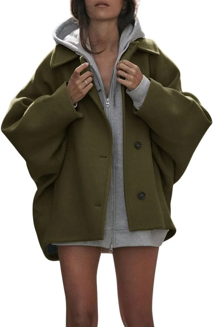 chouyatou Women's Casual Lapel Collar Batwing Sleeve Single Breasted Wool Blend Trench Pea Coat with Pockets