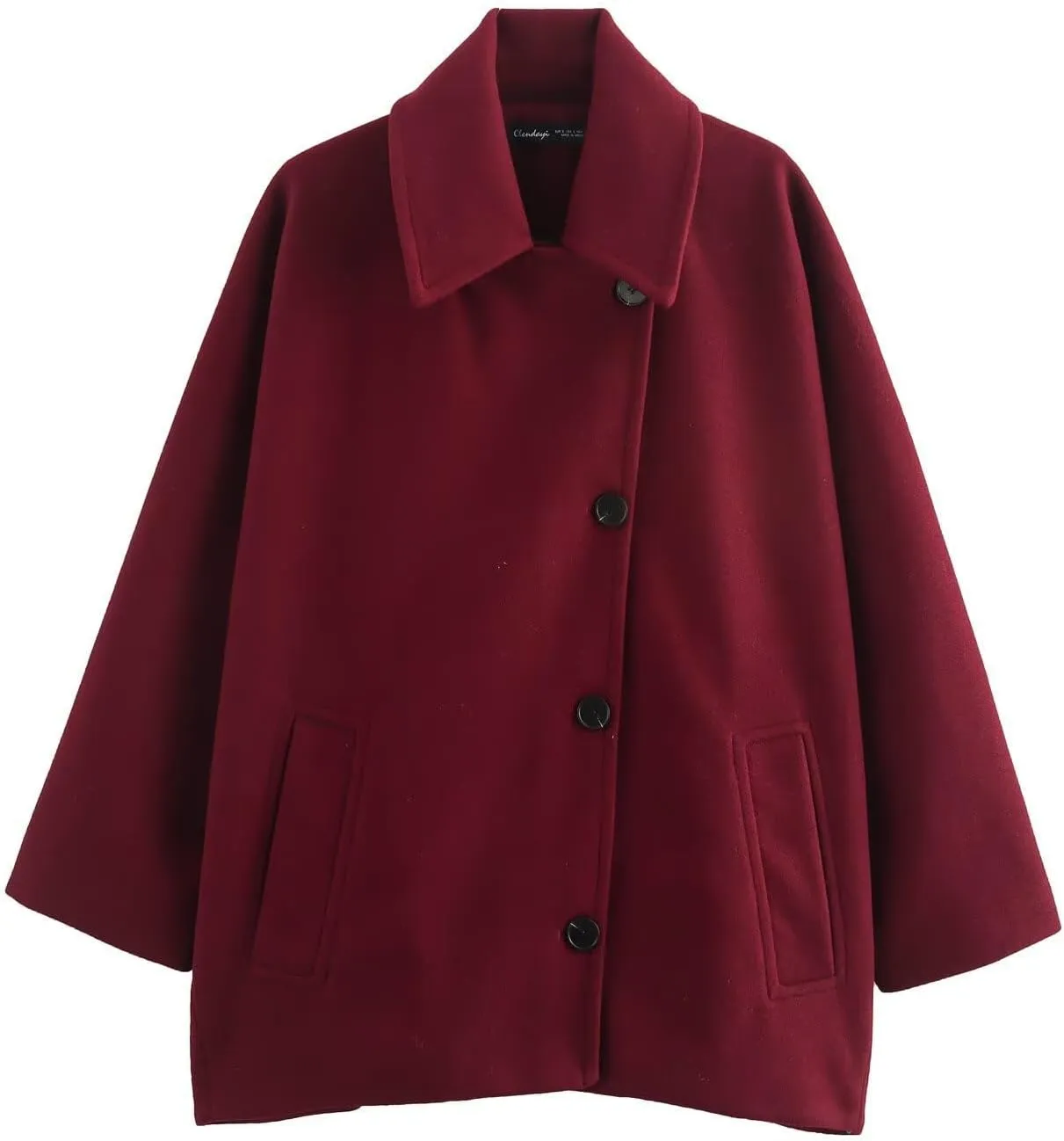 chouyatou Women's Casual Lapel Collar Batwing Sleeve Single Breasted Wool Blend Trench Pea Coat with Pockets
