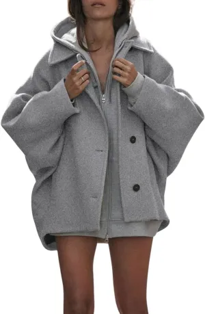 chouyatou Women's Casual Lapel Collar Batwing Sleeve Single Breasted Wool Blend Trench Pea Coat with Pockets