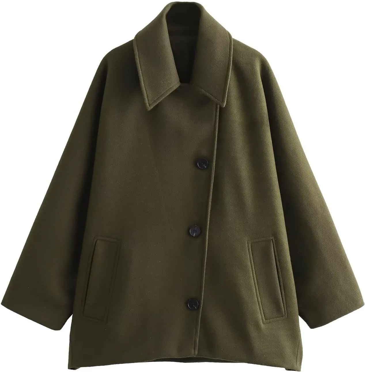 chouyatou Women's Casual Lapel Collar Batwing Sleeve Single Breasted Wool Blend Trench Pea Coat with Pockets