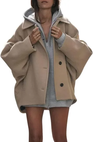 chouyatou Women's Casual Lapel Collar Batwing Sleeve Single Breasted Wool Blend Trench Pea Coat with Pockets