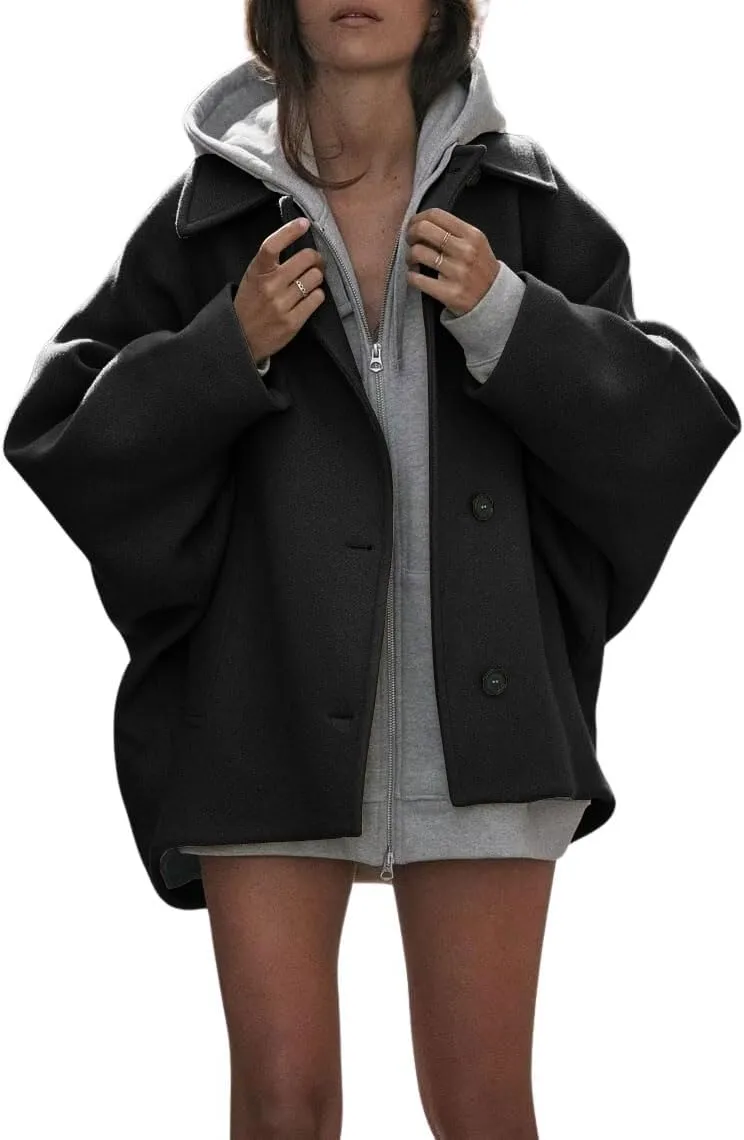 chouyatou Women's Casual Lapel Collar Batwing Sleeve Single Breasted Wool Blend Trench Pea Coat with Pockets
