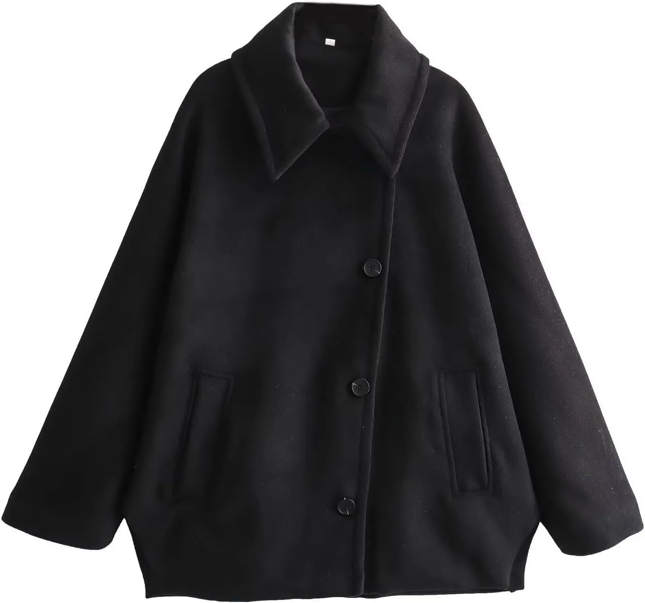 chouyatou Women's Casual Lapel Collar Batwing Sleeve Single Breasted Wool Blend Trench Pea Coat with Pockets