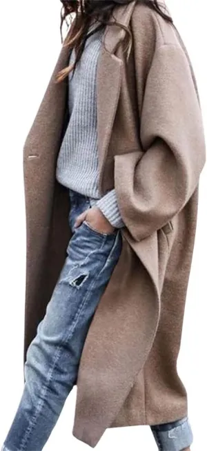 chouyatou Women's Casual Notched Lapel Single Breasted Work Office Wool Trench Pea Coat