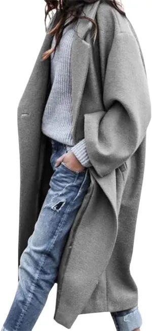 chouyatou Women's Casual Notched Lapel Single Breasted Work Office Wool Trench Pea Coat