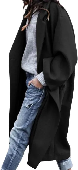chouyatou Women's Casual Notched Lapel Single Breasted Work Office Wool Trench Pea Coat