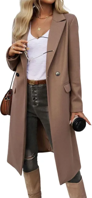 chouyatou Women's Casual Notched Lapel Wool Coat Double Breasted Wool Blend Duster Long Trench Pea Coat