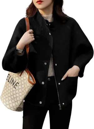 chouyatou Women's Casual Stand Collar Single Breasted Short Wool Pea Coat Overcoat with Pockets