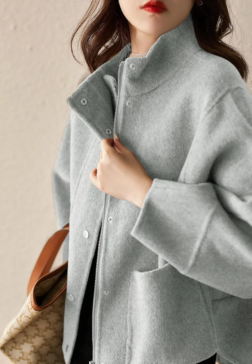 chouyatou Women's Casual Stand Collar Single Breasted Short Wool Pea Coat Overcoat with Pockets