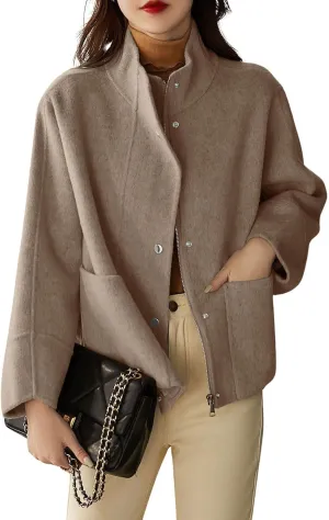 chouyatou Women's Casual Stand Collar Single Breasted Short Wool Pea Coat Overcoat with Pockets