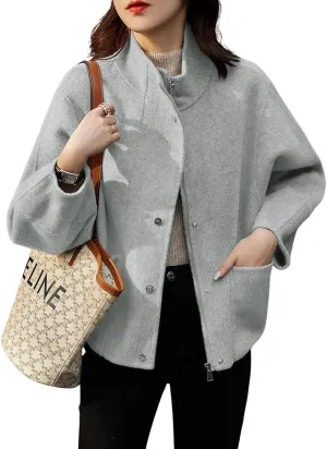 chouyatou Women's Casual Stand Collar Single Breasted Short Wool Pea Coat Overcoat with Pockets