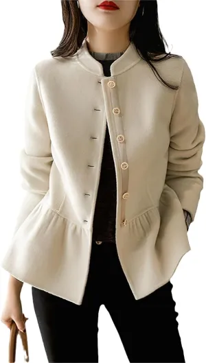 chouyatou Women's Elegant Fall Winter Wool Trench Coat Stand Collar Button Down Blazer Jacket Crop Coat