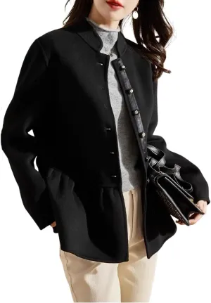 chouyatou Women's Elegant Fall Winter Wool Trench Coat Stand Collar Button Down Blazer Jacket Crop Coat
