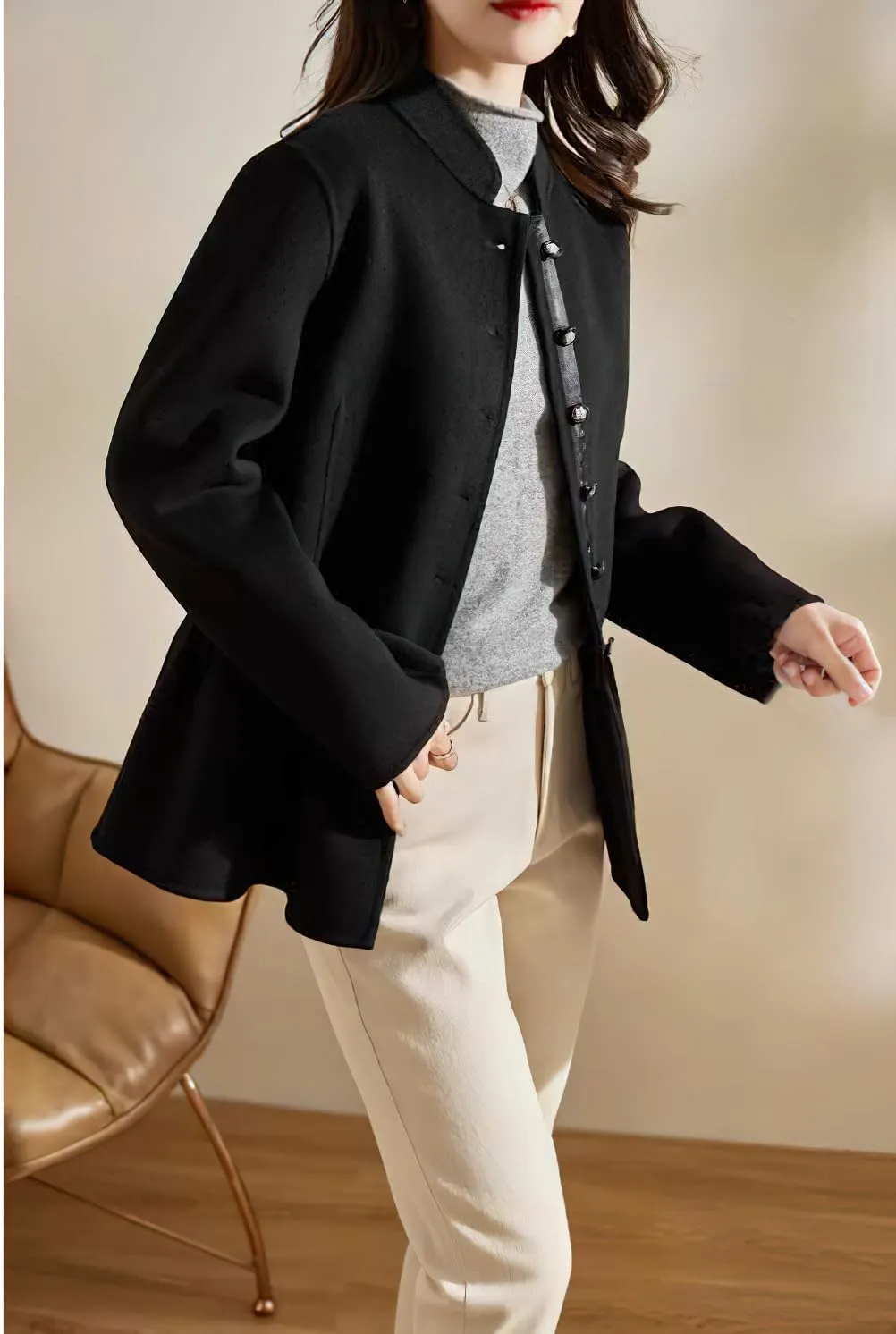 chouyatou Women's Elegant Fall Winter Wool Trench Coat Stand Collar Button Down Blazer Jacket Crop Coat