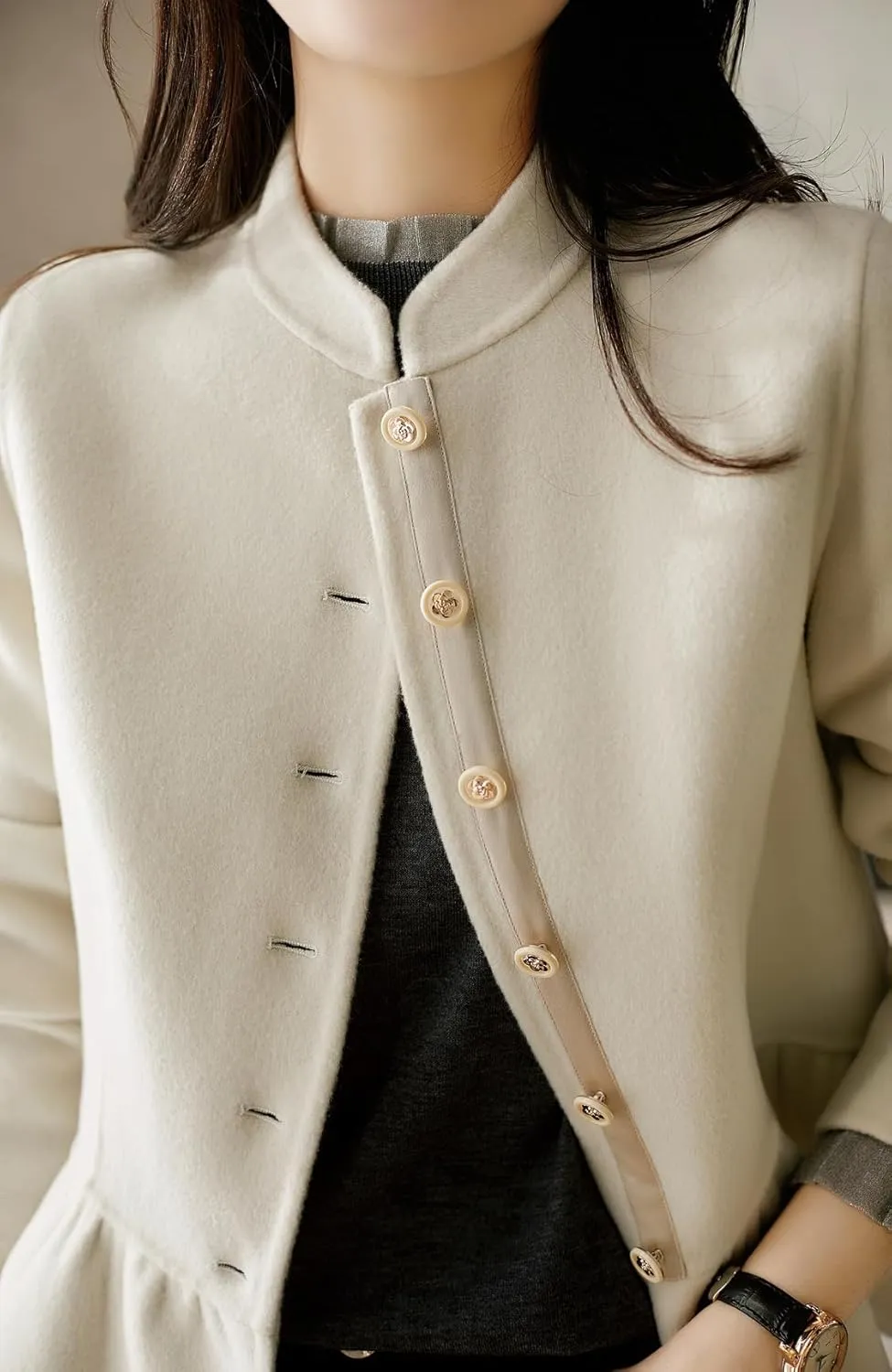 chouyatou Women's Elegant Fall Winter Wool Trench Coat Stand Collar Button Down Blazer Jacket Crop Coat