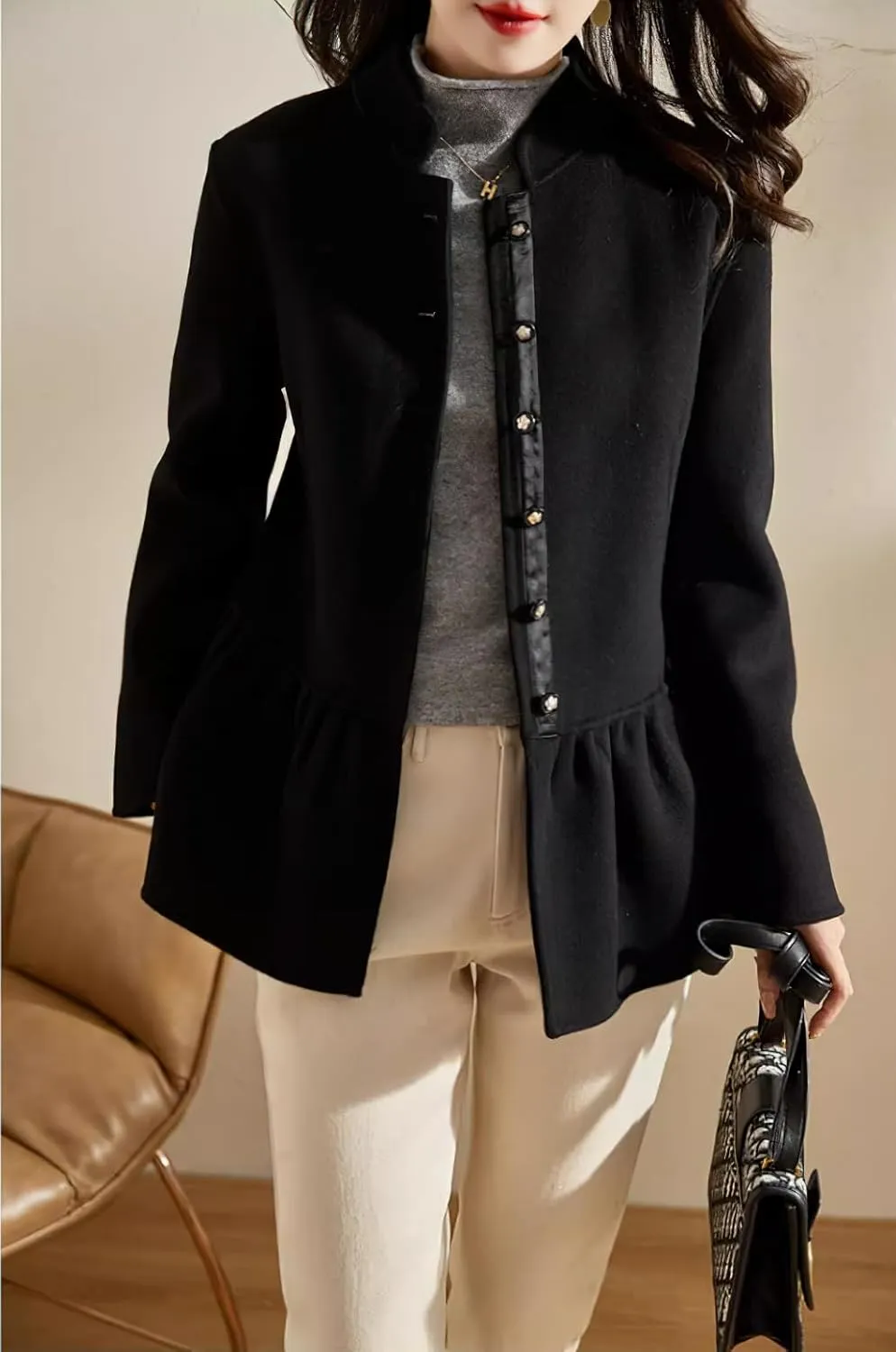 chouyatou Women's Elegant Fall Winter Wool Trench Coat Stand Collar Button Down Blazer Jacket Crop Coat
