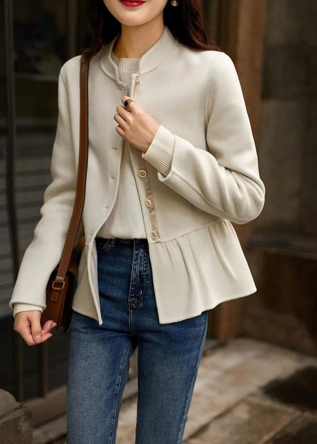 chouyatou Women's Elegant Fall Winter Wool Trench Coat Stand Collar Button Down Blazer Jacket Crop Coat