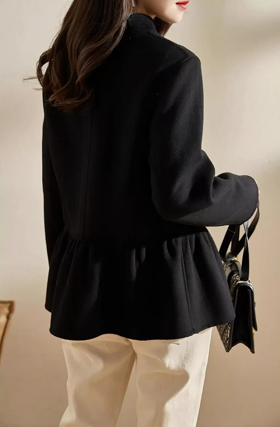 chouyatou Women's Elegant Fall Winter Wool Trench Coat Stand Collar Button Down Blazer Jacket Crop Coat