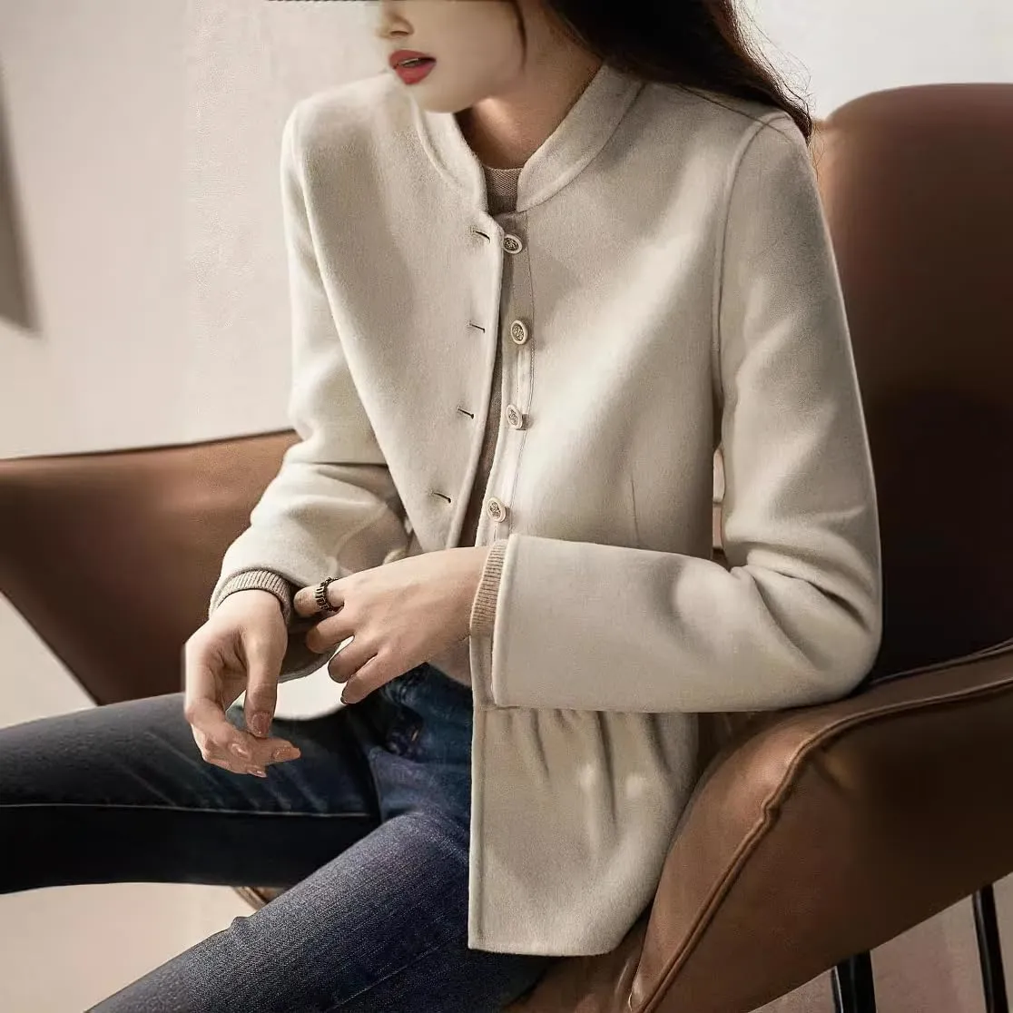 chouyatou Women's Elegant Fall Winter Wool Trench Coat Stand Collar Button Down Blazer Jacket Crop Coat