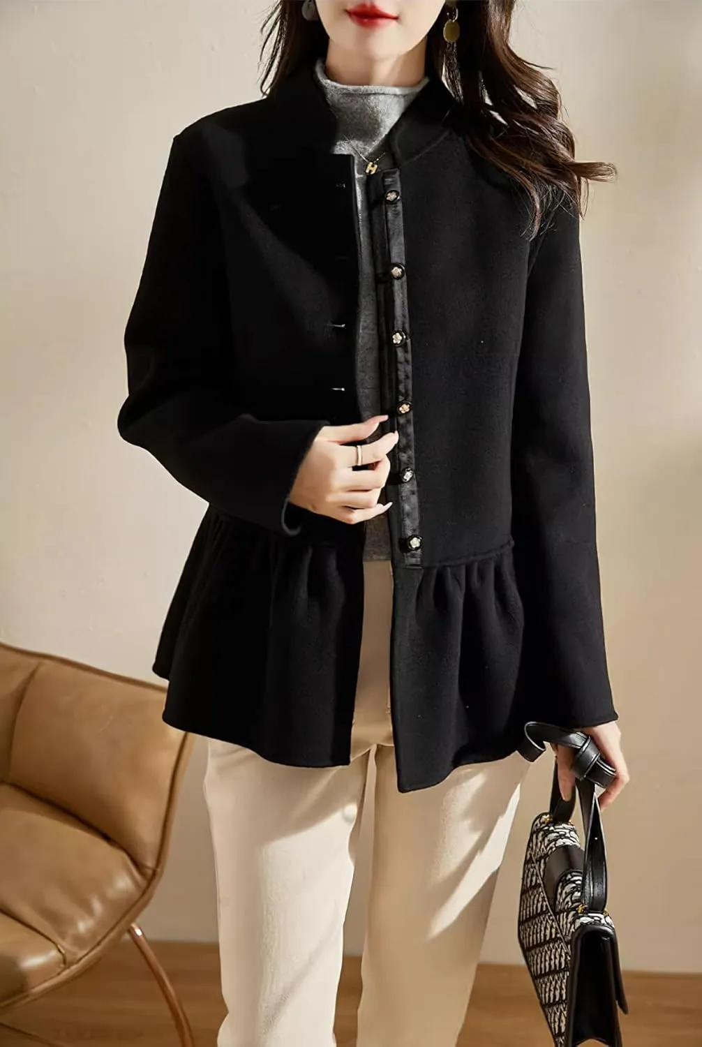 chouyatou Women's Elegant Fall Winter Wool Trench Coat Stand Collar Button Down Blazer Jacket Crop Coat
