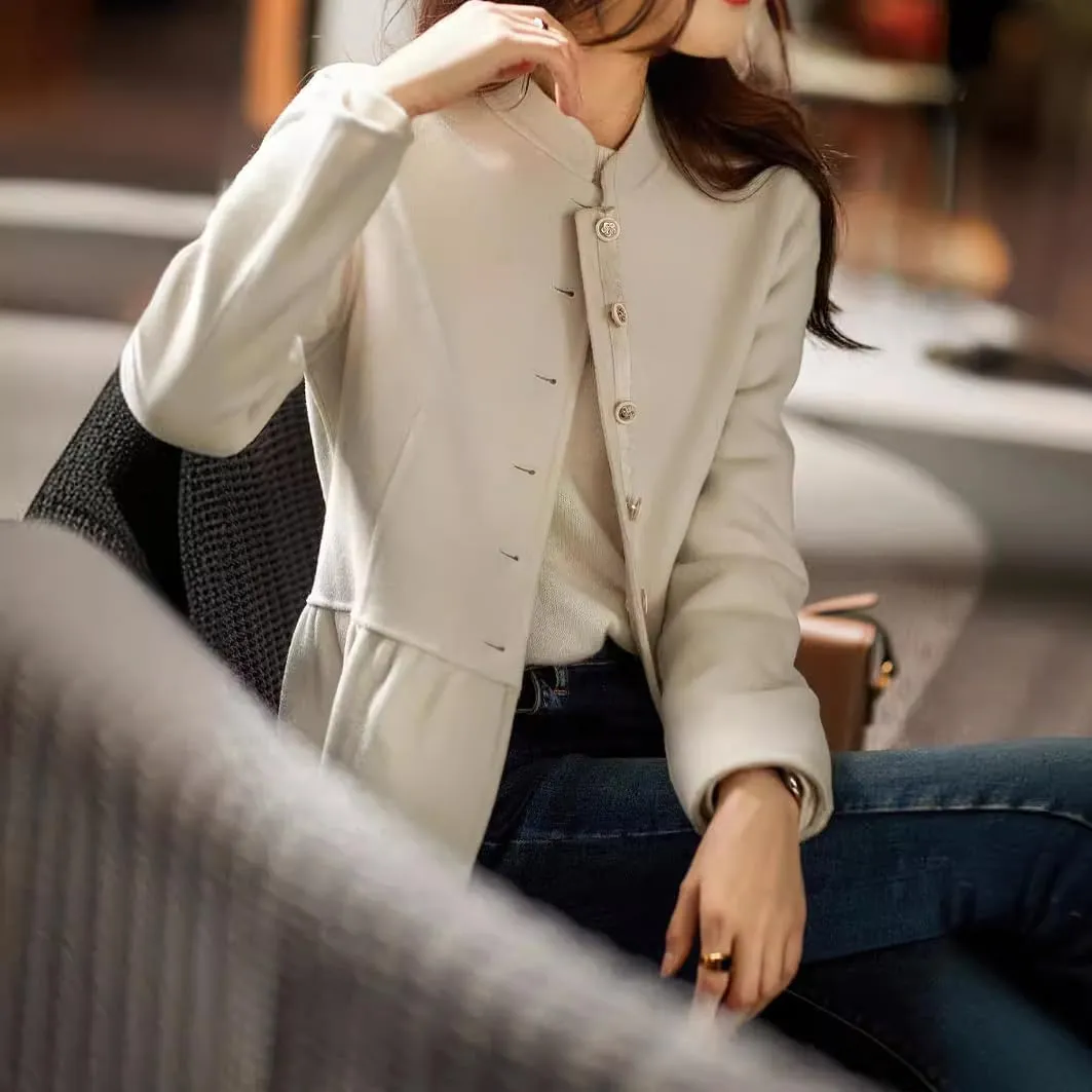 chouyatou Women's Elegant Fall Winter Wool Trench Coat Stand Collar Button Down Blazer Jacket Crop Coat