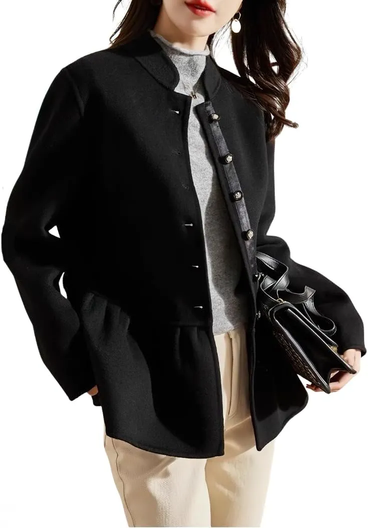 chouyatou Women's Elegant Fall Winter Wool Trench Coat Stand Collar Button Down Blazer Jacket Crop Coat