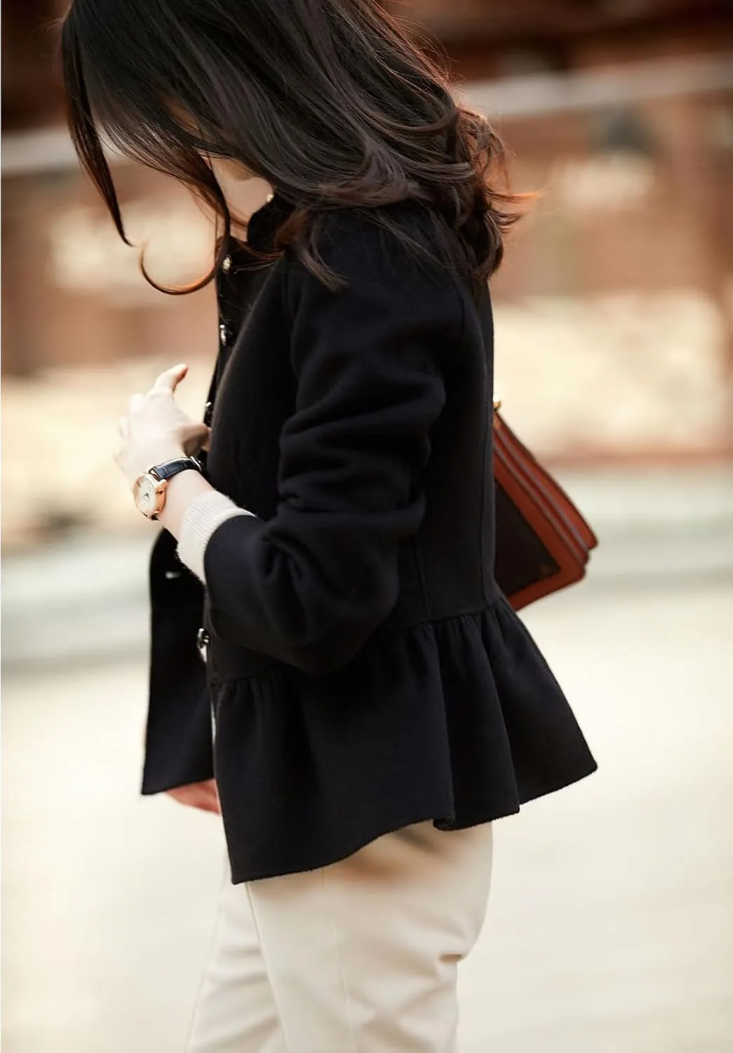 chouyatou Women's Elegant Fall Winter Wool Trench Coat Stand Collar Button Down Blazer Jacket Crop Coat