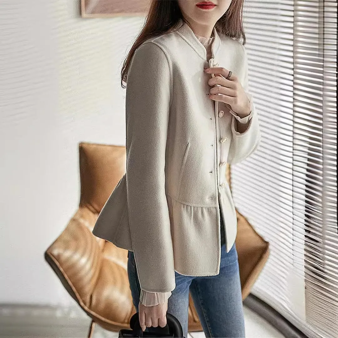 chouyatou Women's Elegant Fall Winter Wool Trench Coat Stand Collar Button Down Blazer Jacket Crop Coat