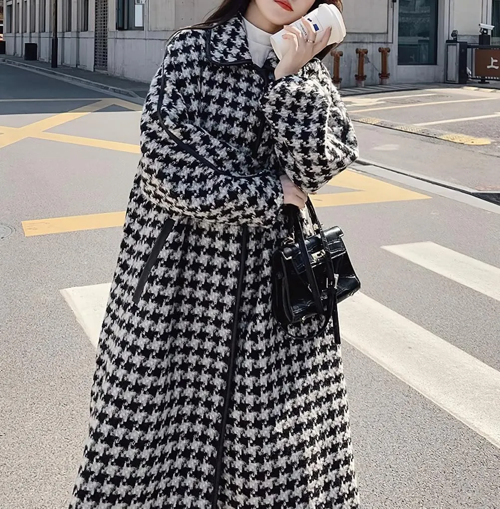 chouyatou Women's Elegant Houndstooth Wool Blend Overcoat Lapel Vintage Mid Long Trench Coat with pocket