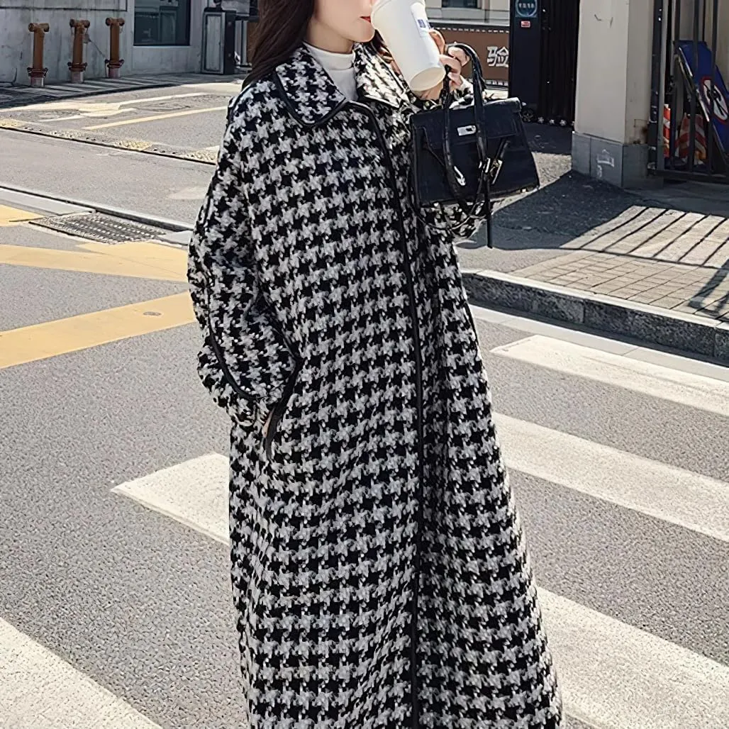 chouyatou Women's Elegant Houndstooth Wool Blend Overcoat Lapel Vintage Mid Long Trench Coat with pocket