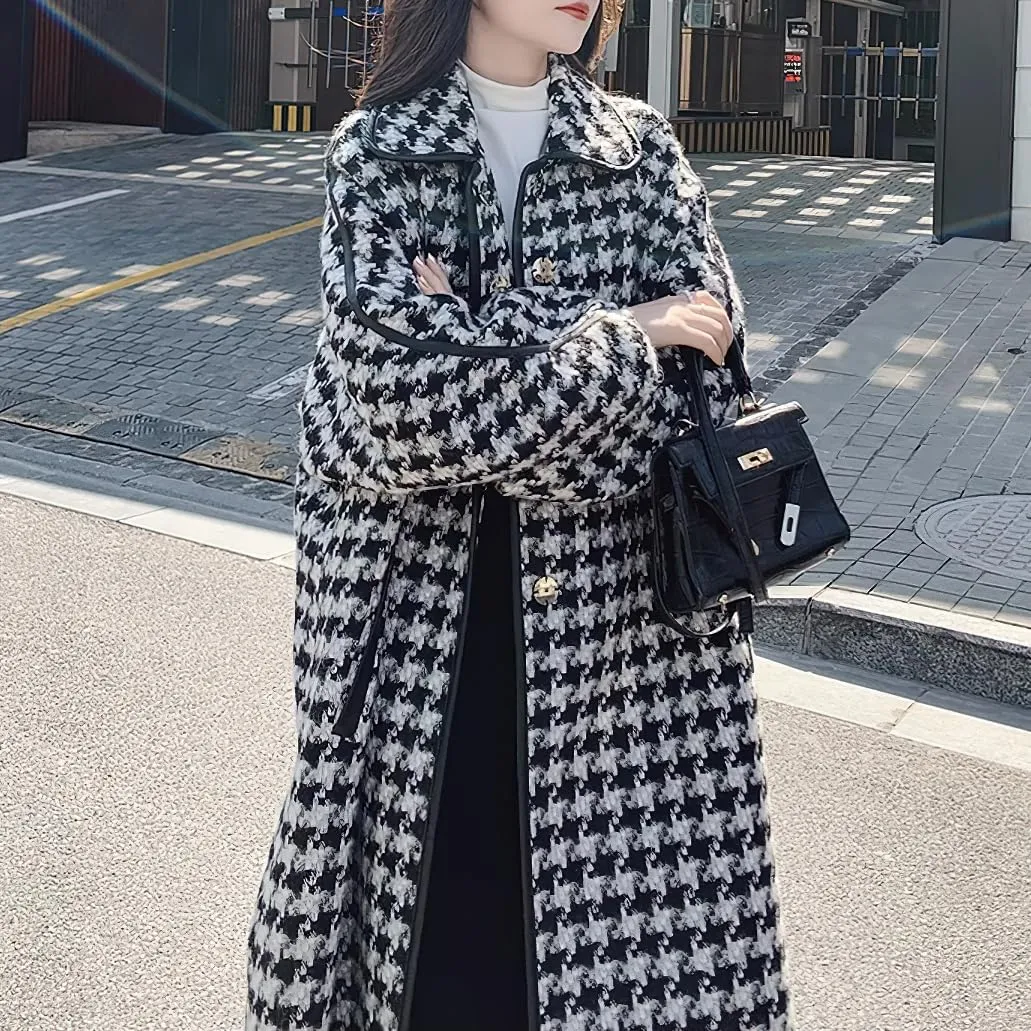 chouyatou Women's Elegant Houndstooth Wool Blend Overcoat Lapel Vintage Mid Long Trench Coat with pocket