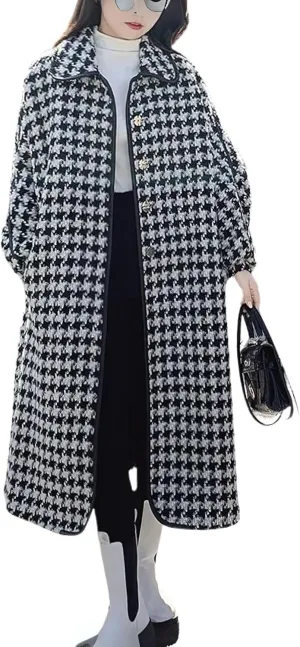 chouyatou Women's Elegant Houndstooth Wool Blend Overcoat Lapel Vintage Mid Long Trench Coat with pocket