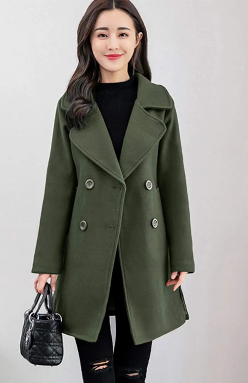 chouyatou Women's Elegant Lapel Collar Double Breasted Wool Blend Pea Coat with Belt