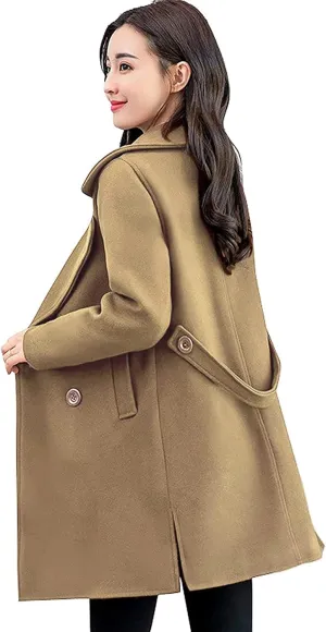 chouyatou Women's Elegant Lapel Collar Double Breasted Wool Blend Pea Coat with Belt