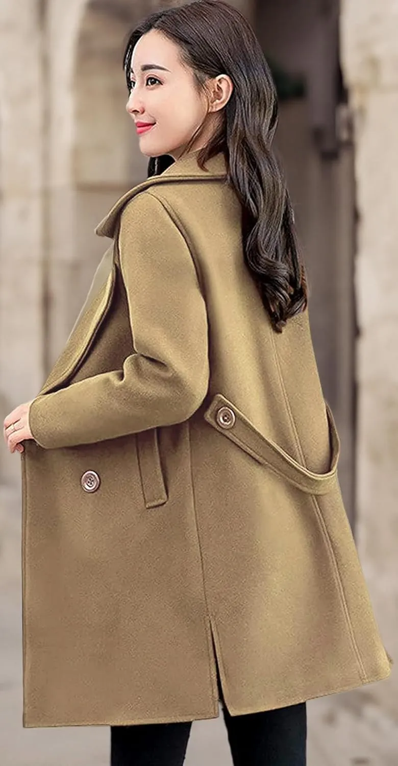 chouyatou Women's Elegant Lapel Collar Double Breasted Wool Blend Pea Coat with Belt