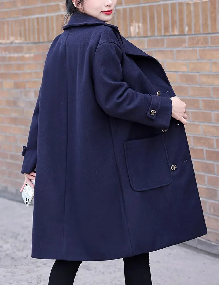 chouyatou Women's Elegant Notched Lapel Double Breasted Wool Blend Trench Pea Coat with Pockets