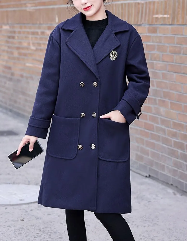 chouyatou Women's Elegant Notched Lapel Double Breasted Wool Blend Trench Pea Coat with Pockets