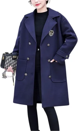 chouyatou Women's Elegant Notched Lapel Double Breasted Wool Blend Trench Pea Coat with Pockets