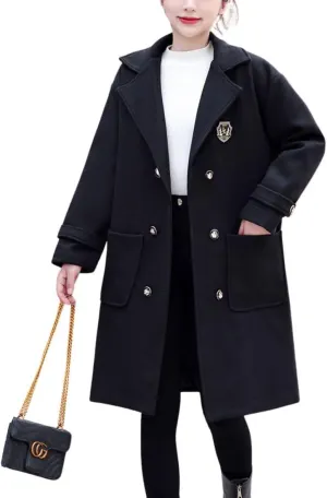 chouyatou Women's Elegant Notched Lapel Double Breasted Wool Blend Trench Pea Coat with Pockets
