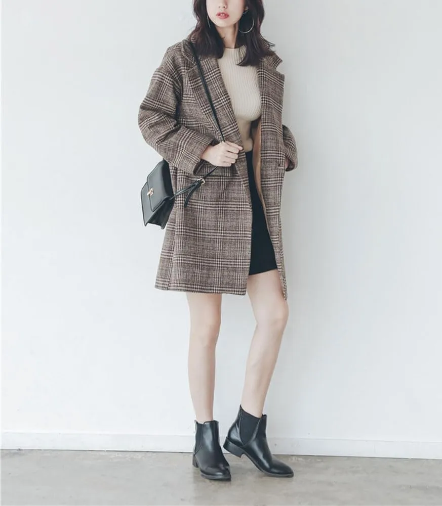 chouyatou Women's Elegant Notched Lapel Plaid Wool Coat Casual Single Breasted Trench Pea Coat with Pockets