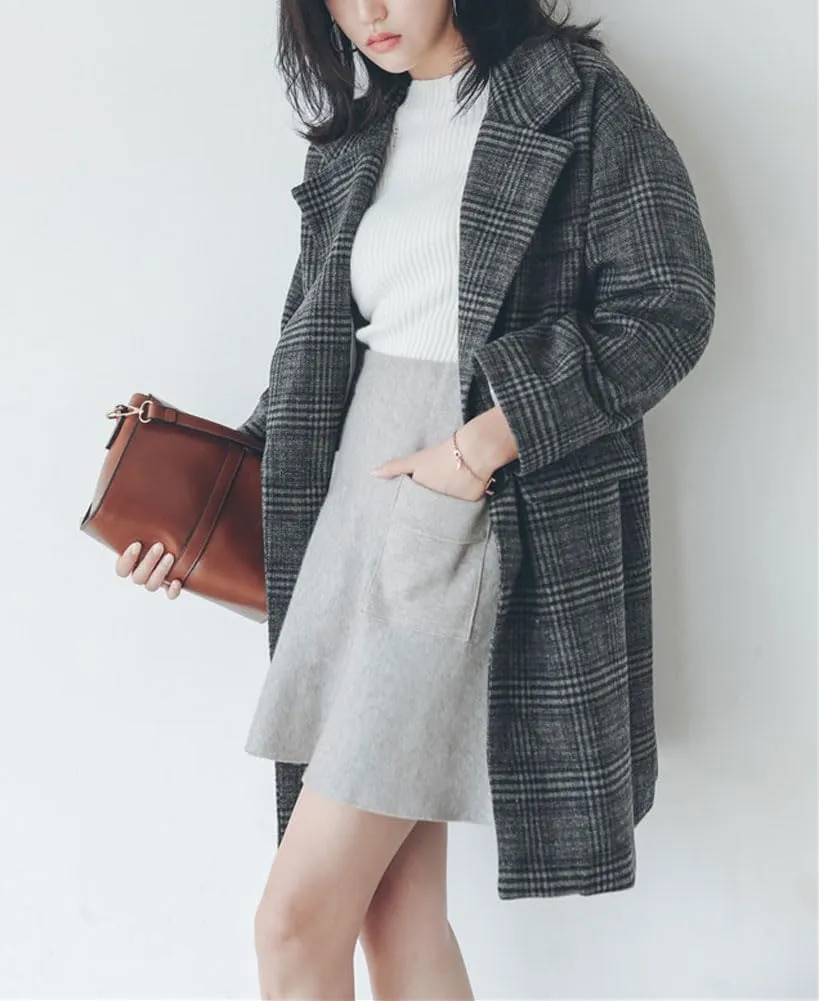 chouyatou Women's Elegant Notched Lapel Plaid Wool Coat Casual Single Breasted Trench Pea Coat with Pockets